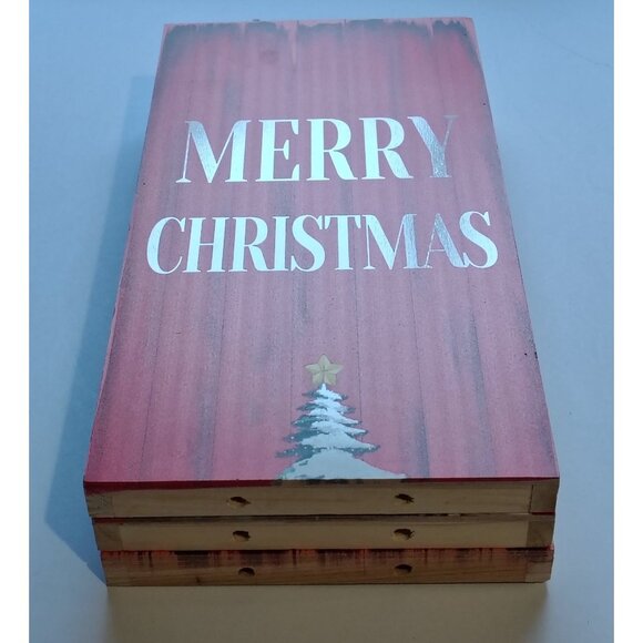 Wooden Merry Christmas Sign Red Snowy Tree Stackable Panels Holiday Cheer Decor - Picture 4 of 16